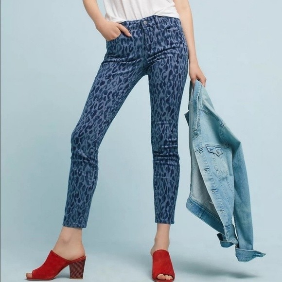 Anthropologie Pilcro and the Letterpress Blue Leopard Skinny Jeans Size 32 - Picture 1 of 9